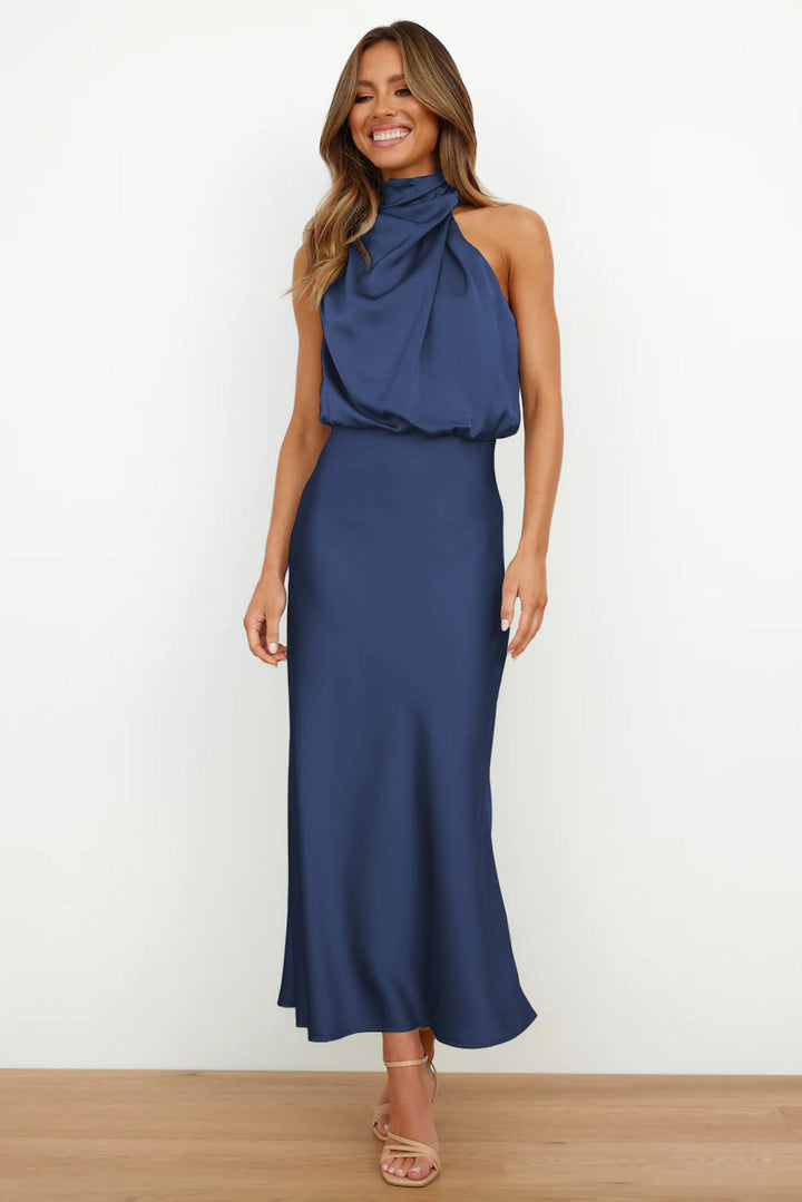 CARLINA | Long Satin Dress With Halter Neck