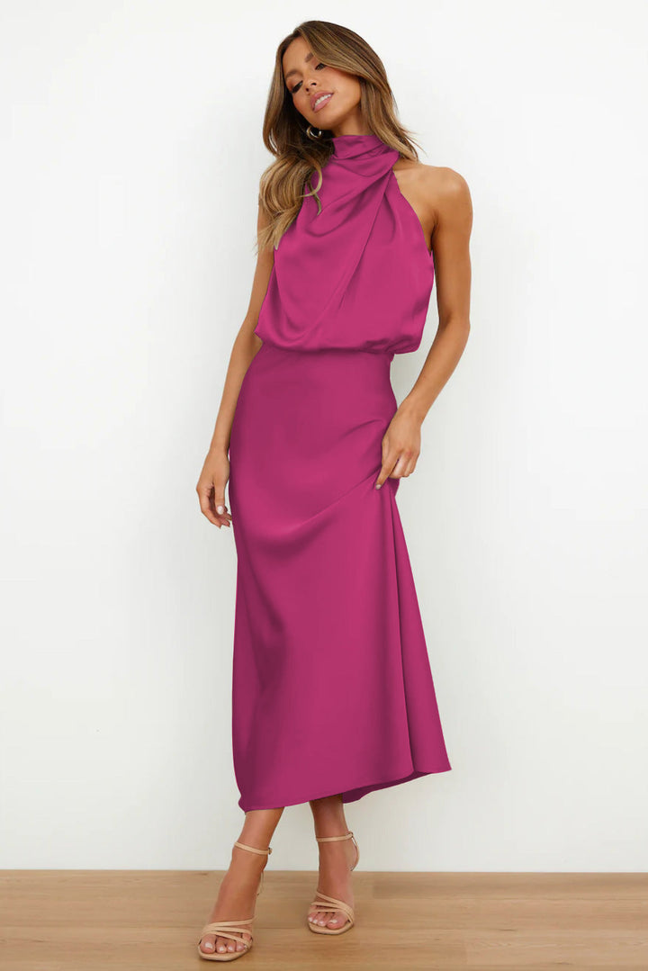 CARLINA | Long Satin Dress With Halter Neck