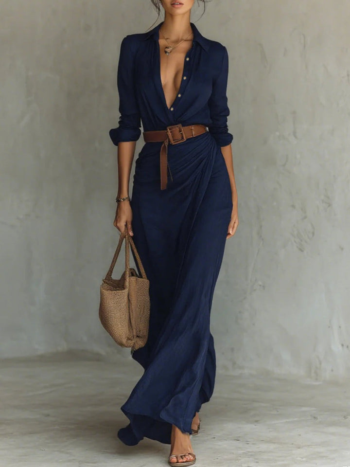 Isa | Long belted dress with long sleeves and lapels