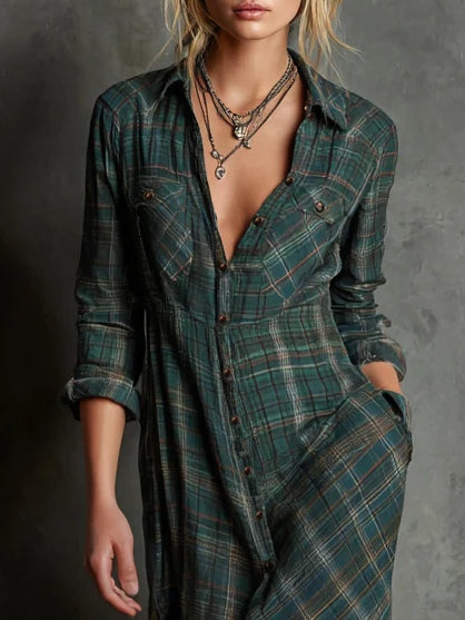 Marlowe | Long dress with green checked lapels